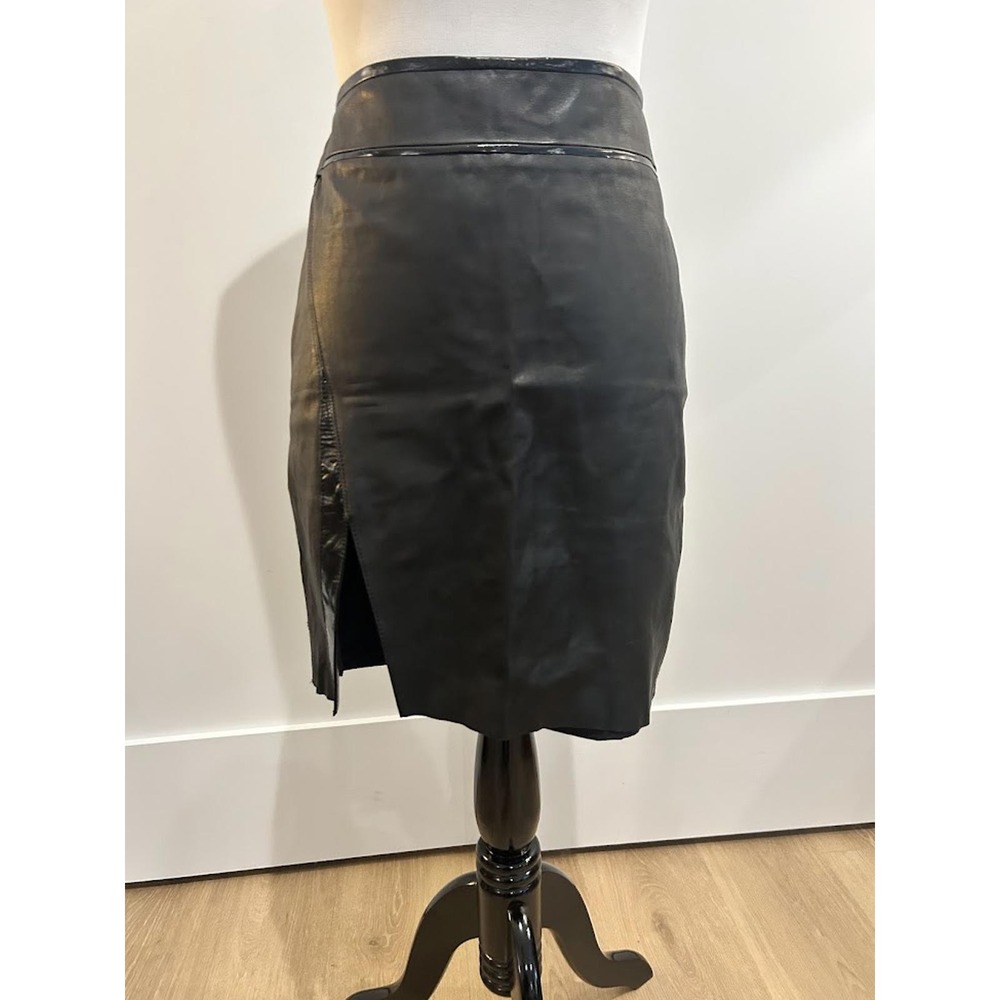 Helmut Lang Black Leather Pencil Skirt Patent‎ Trim Side Slit Size 4